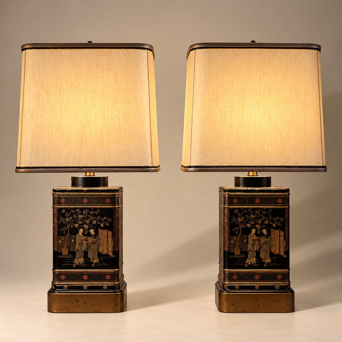 Asian Motif Pair of Frederick Cooper Metal Table Lamps
