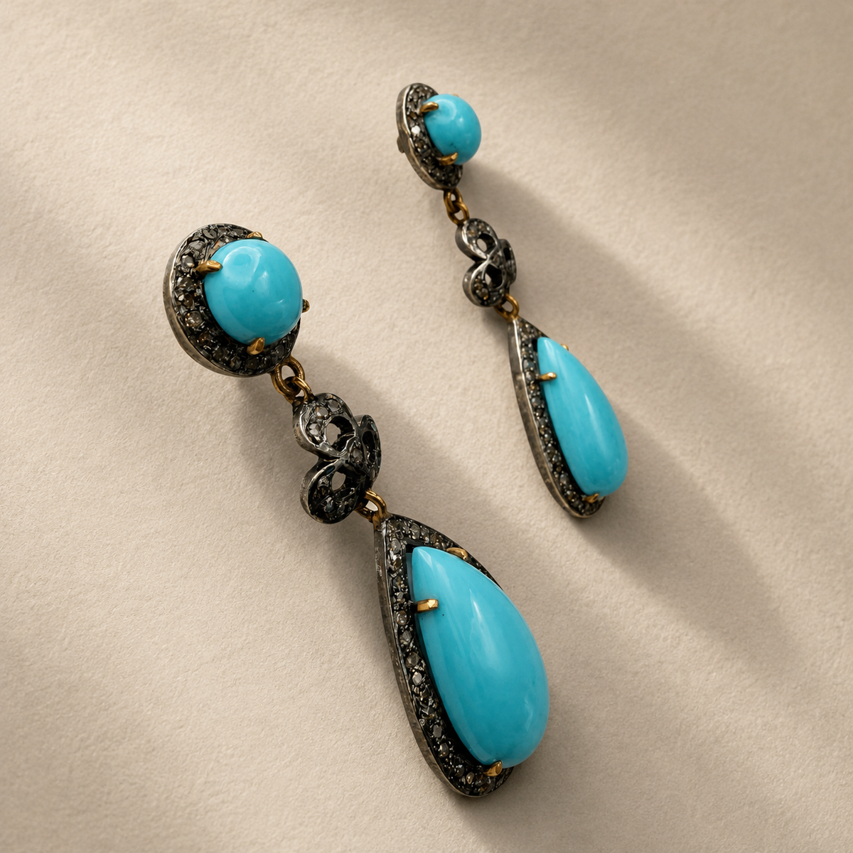 Cabochon Circle & Tear Drop Turquoise Earrings with Diamonds