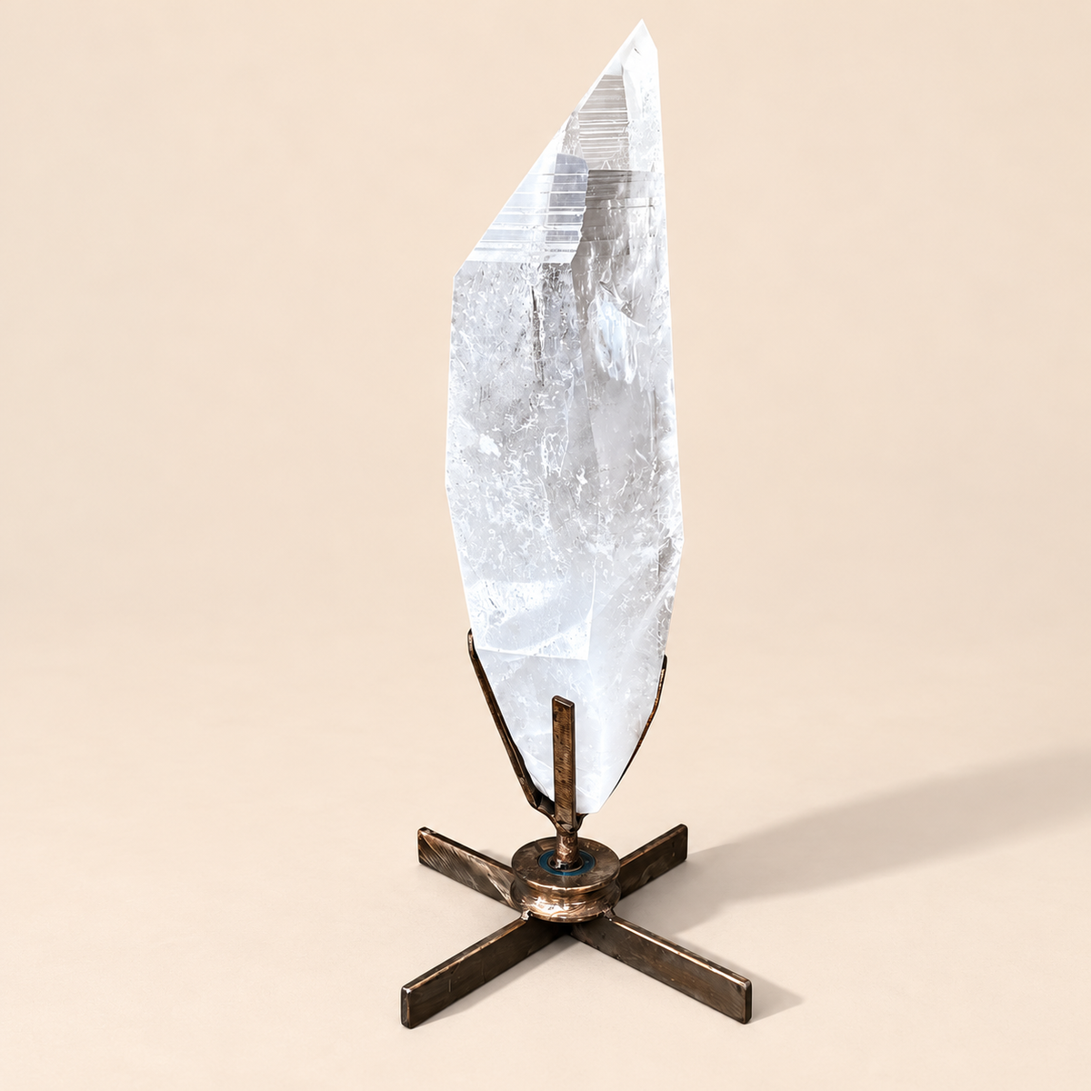 Lemurian Clear Quartz Crystal Point on Metal Spinning Stand