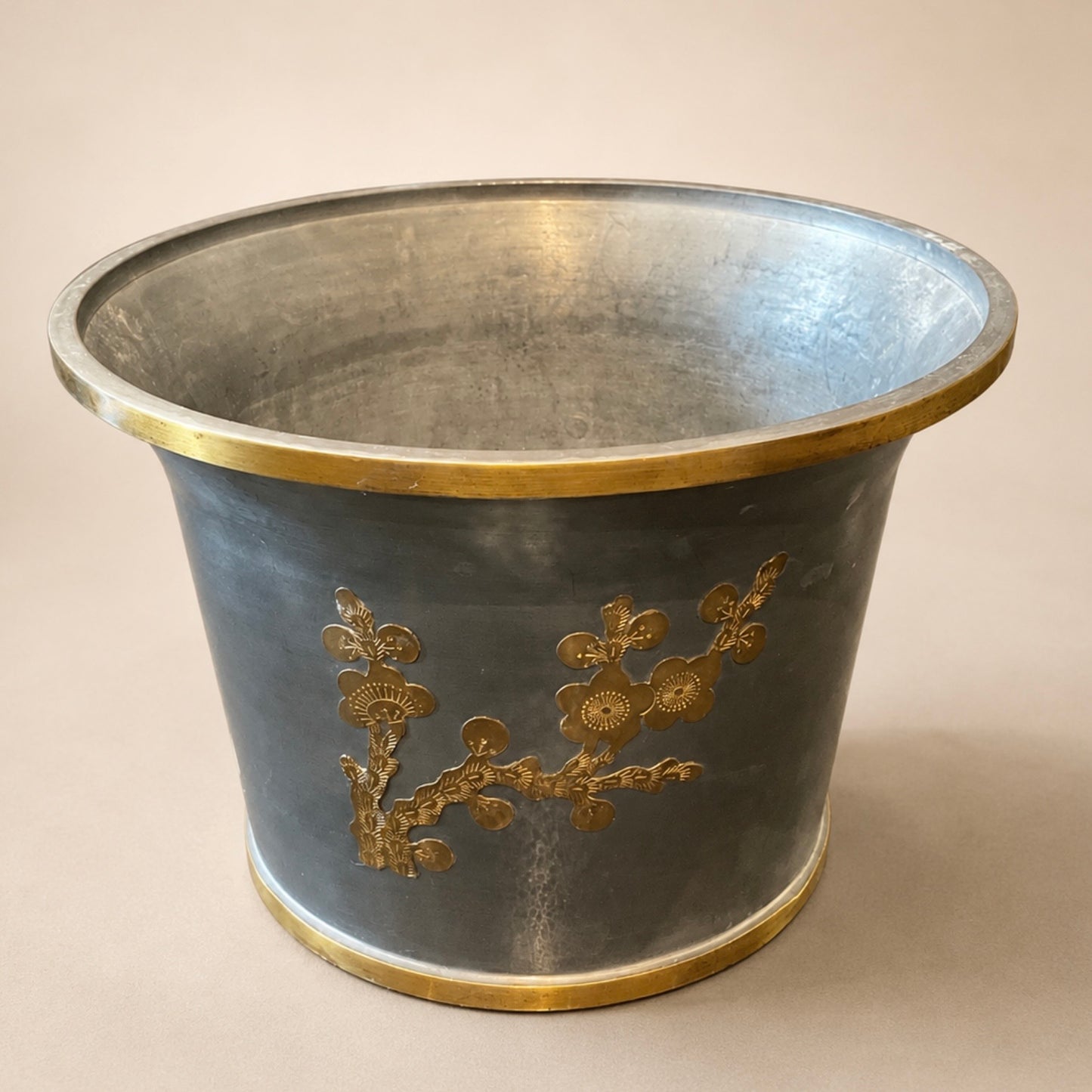 Vintage Metal Display Bowl / Planter with Floral Accents
