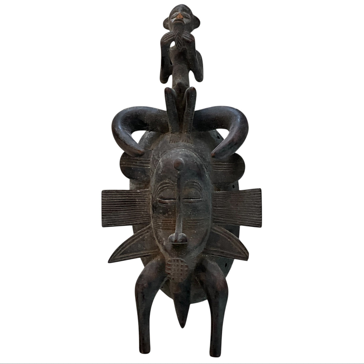 Senufo Wood Carved Mask with Man Hat