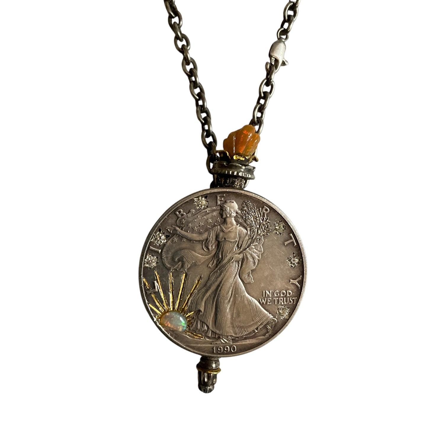 Silver Dollar Necklace with Diamonds & Opals