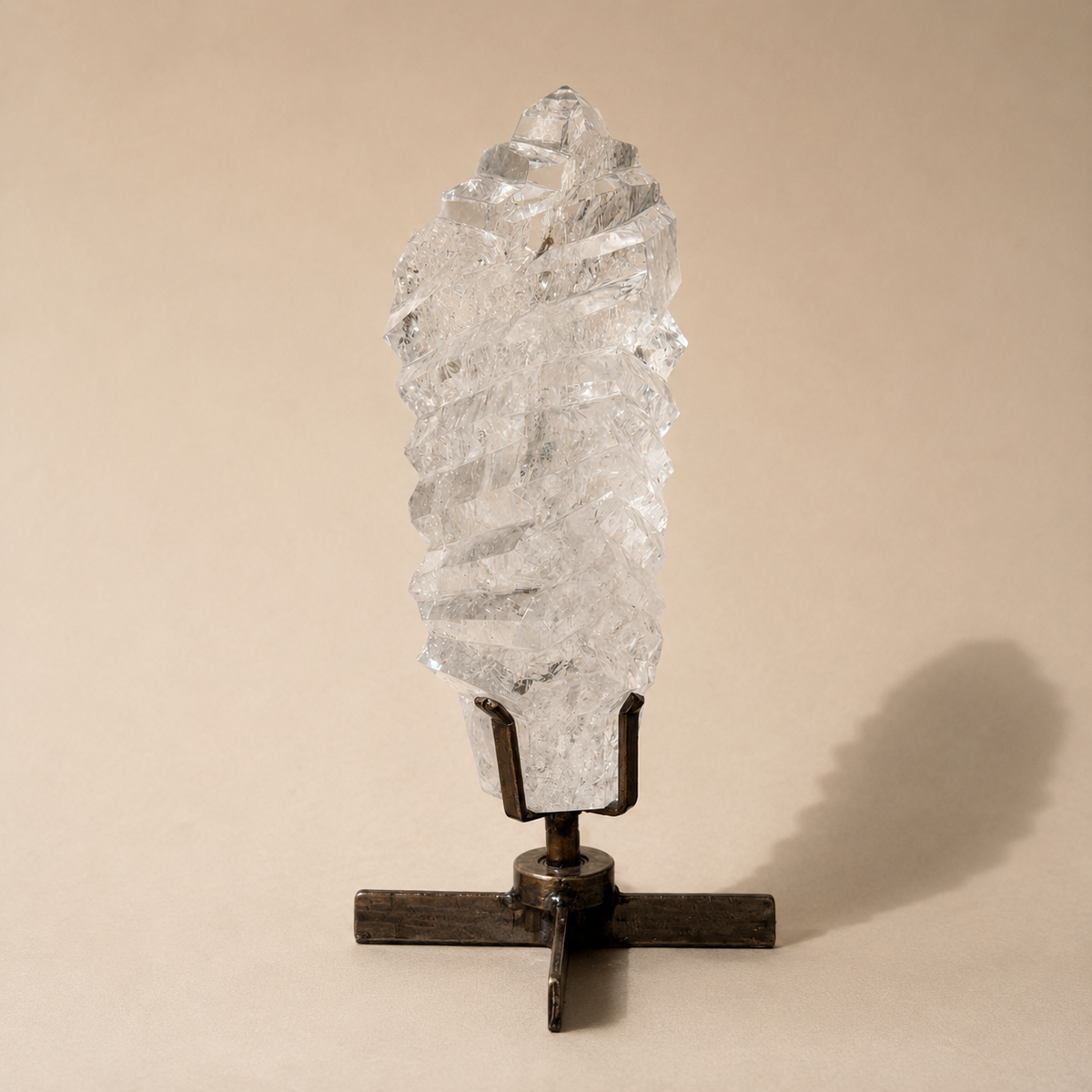 Polished Clear Quartz Crystal w/ grooves on Spinning Stand