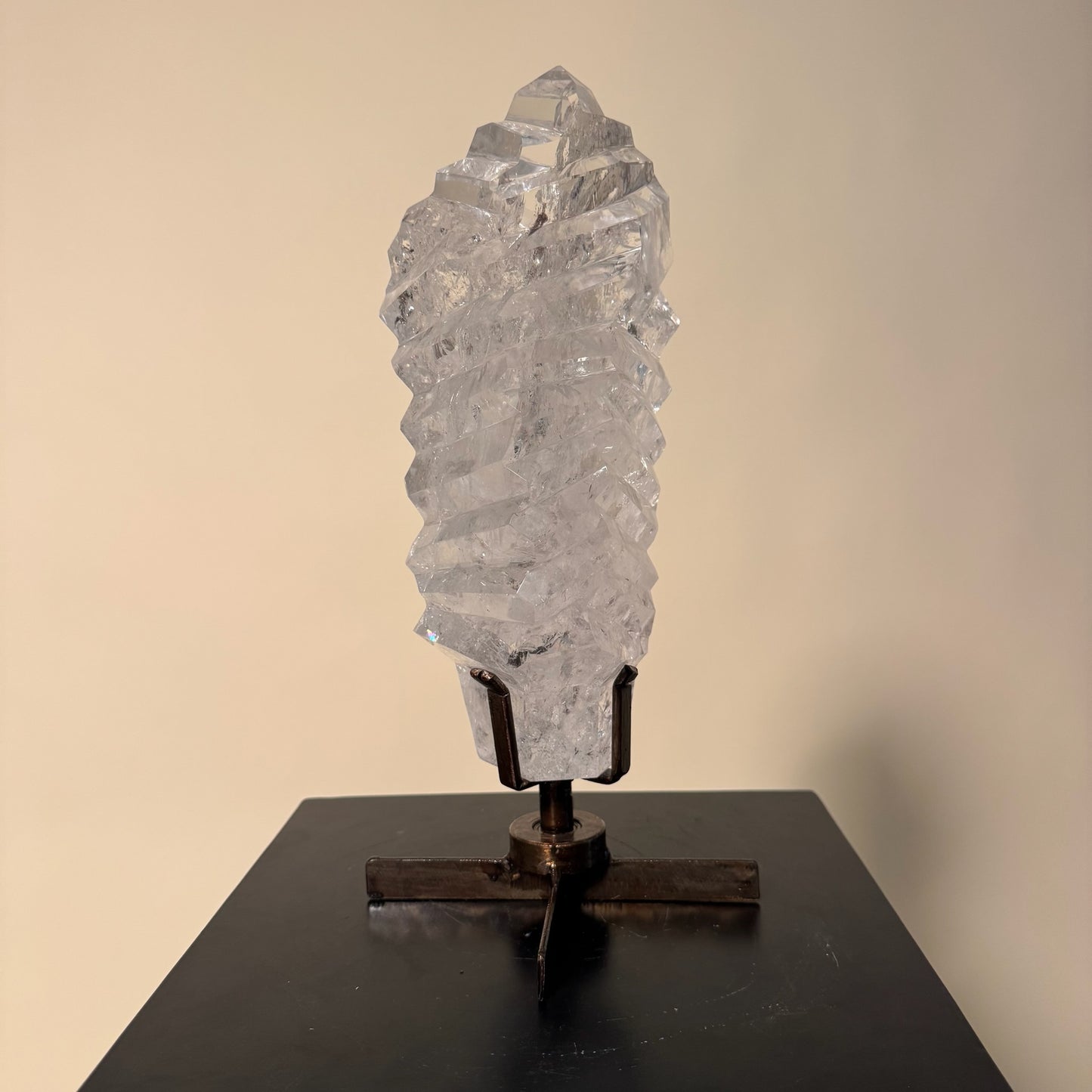 Polished Clear Quartz Crystal w/ grooves on Spinning Stand