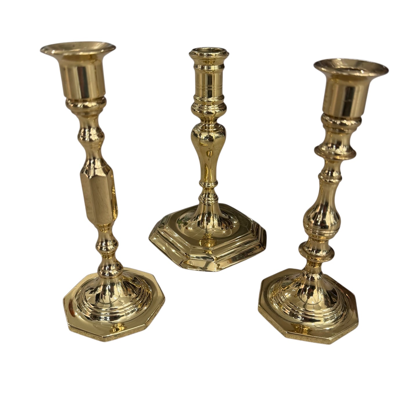 Set of 3 Varying Vintage Brass Candle Holders