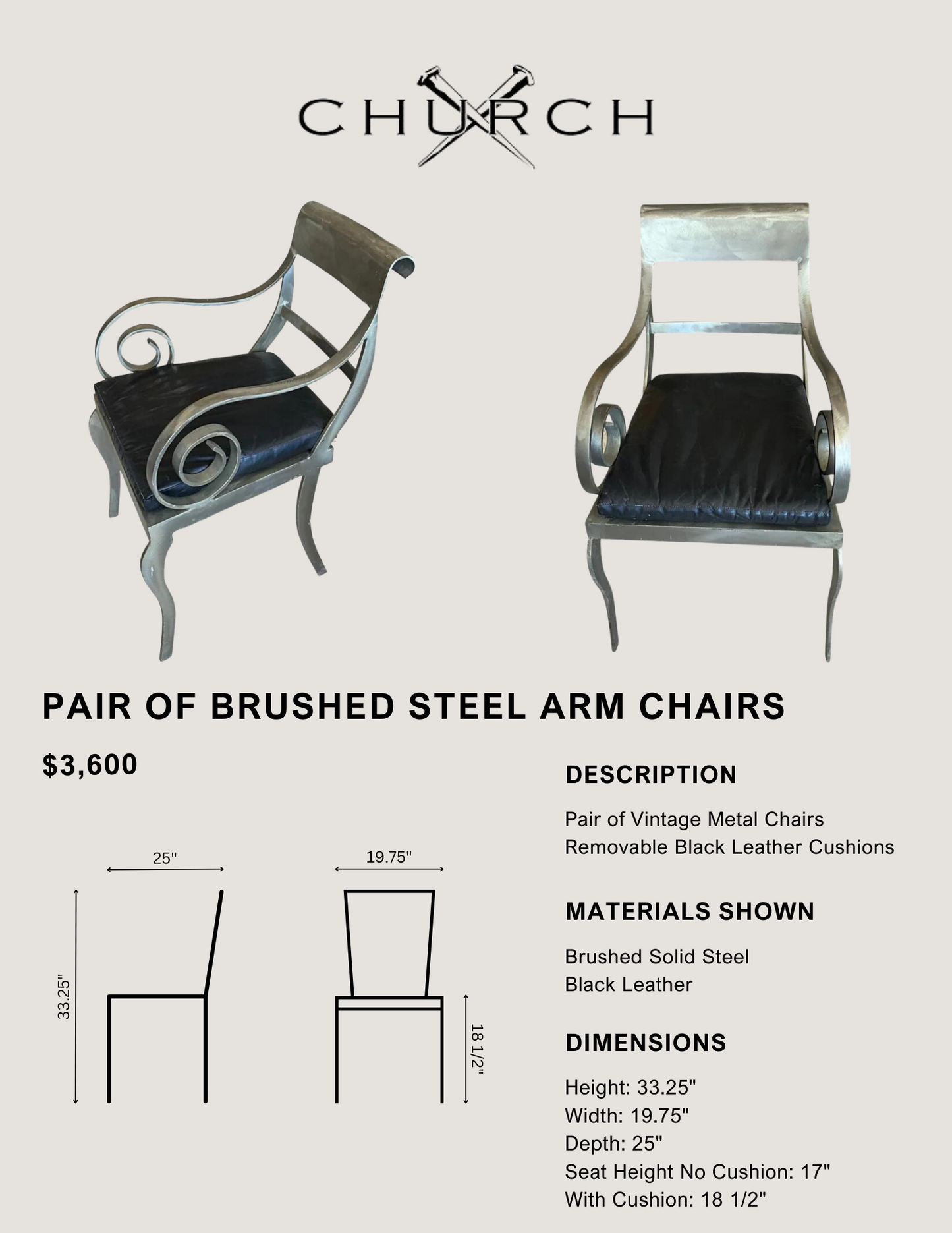 Pair of Vintage Brushed Steel Arm Chairs