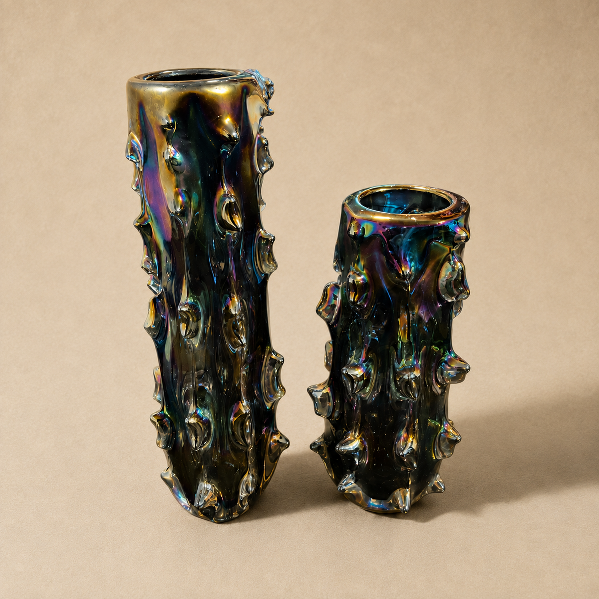 Asymmetrical Pair of Black Iridescent Spike Vases