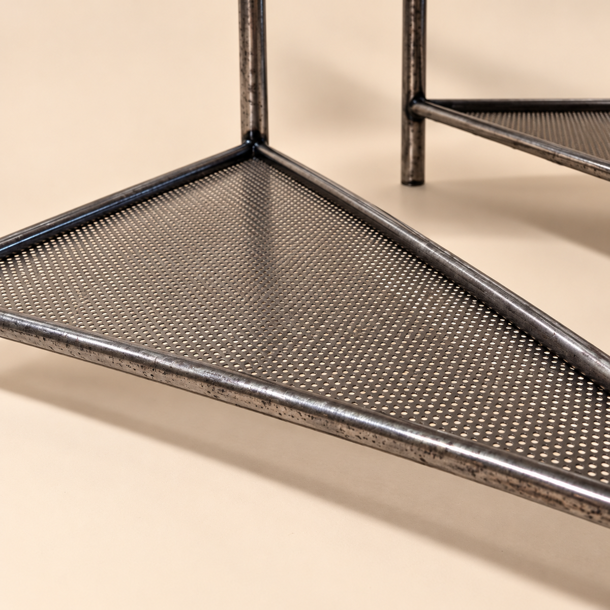 Pair of Triangular Brushed Steel & Marble Tables by Rich Martin