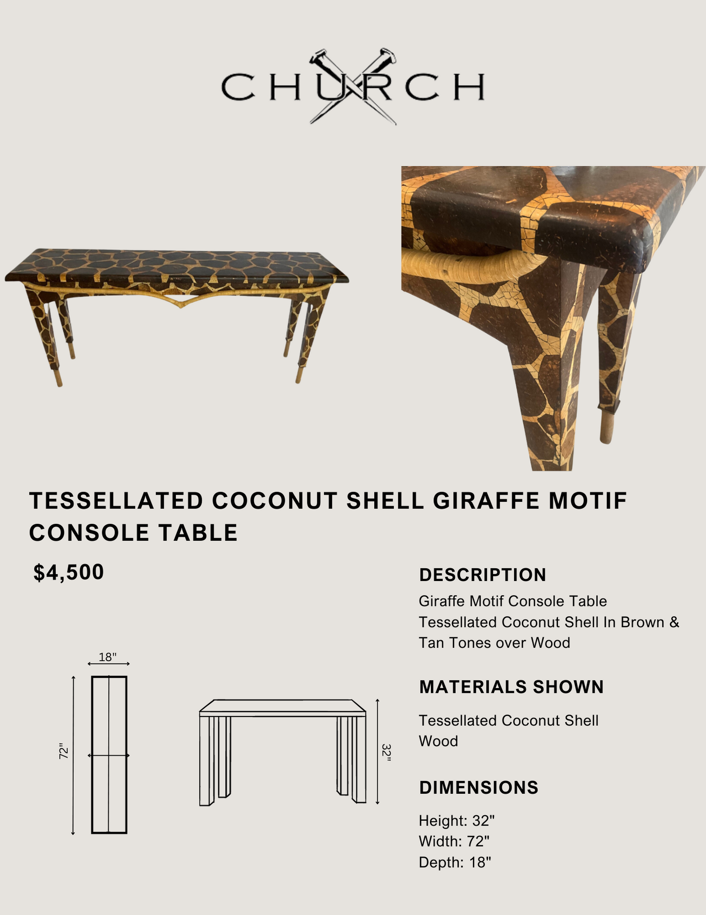 Tessellated Coconut Shell Giraffe Motif Console Table