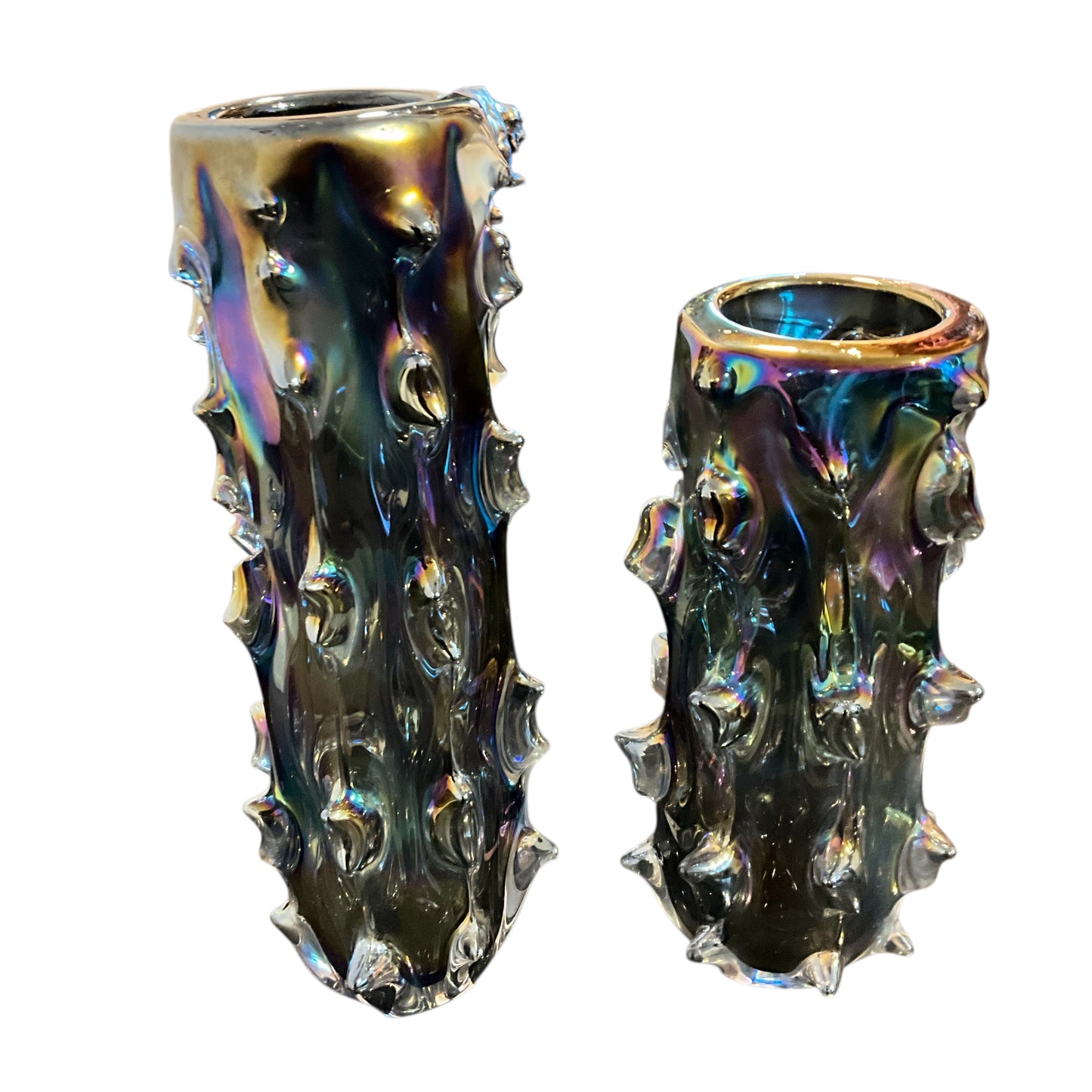 Asymmetrical Pair of Black Iridescent Spike Vases