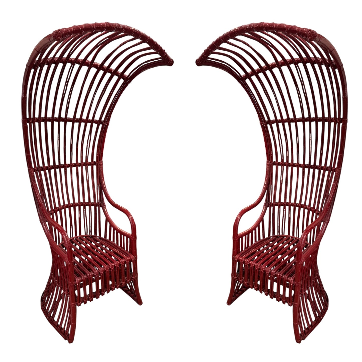 Pair of Red Rattan Chinoiserie Canopy Sun Chairs