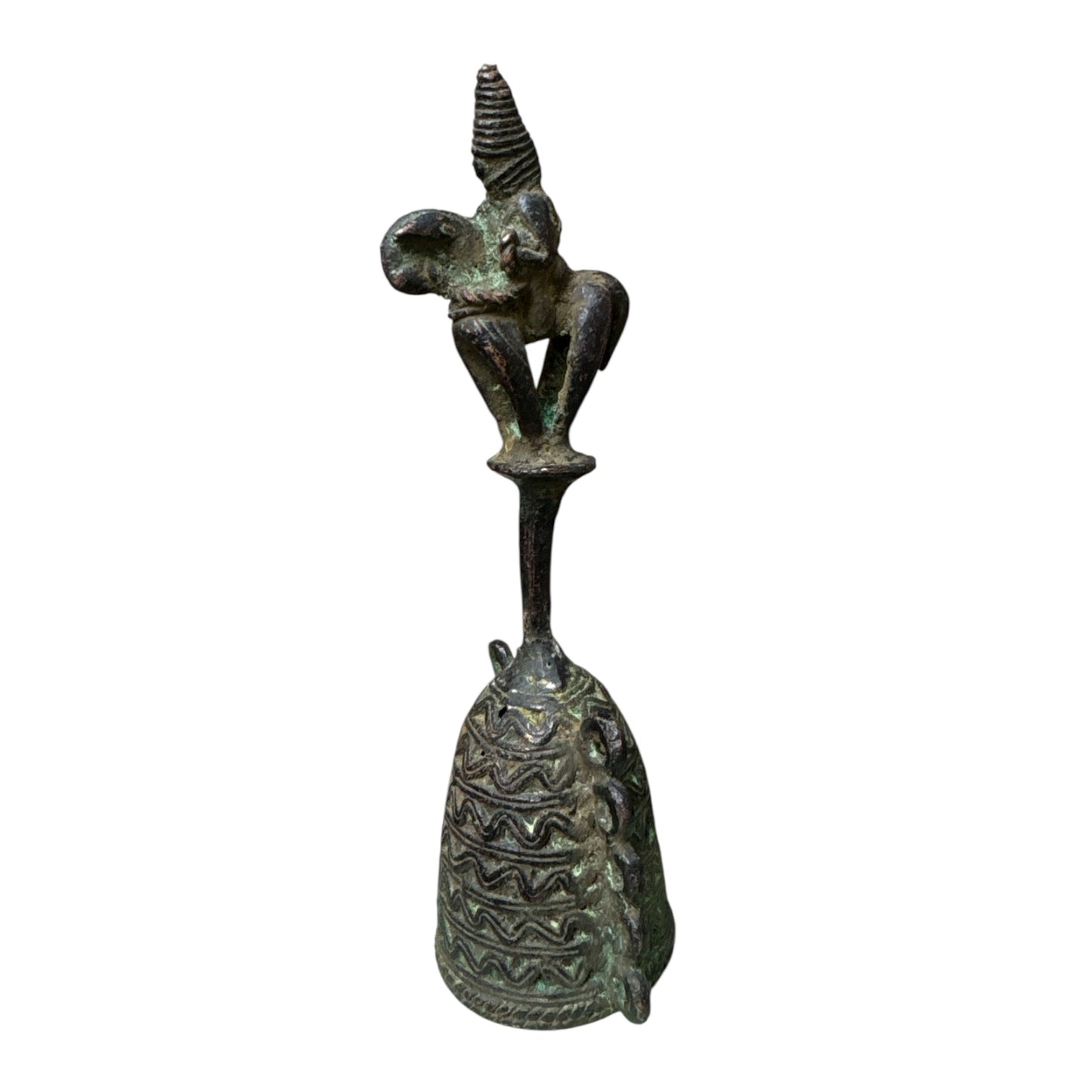 Benin Bronze Bell 4-Leg Warrior Long Tail 4-Legged on Top Waves Around
