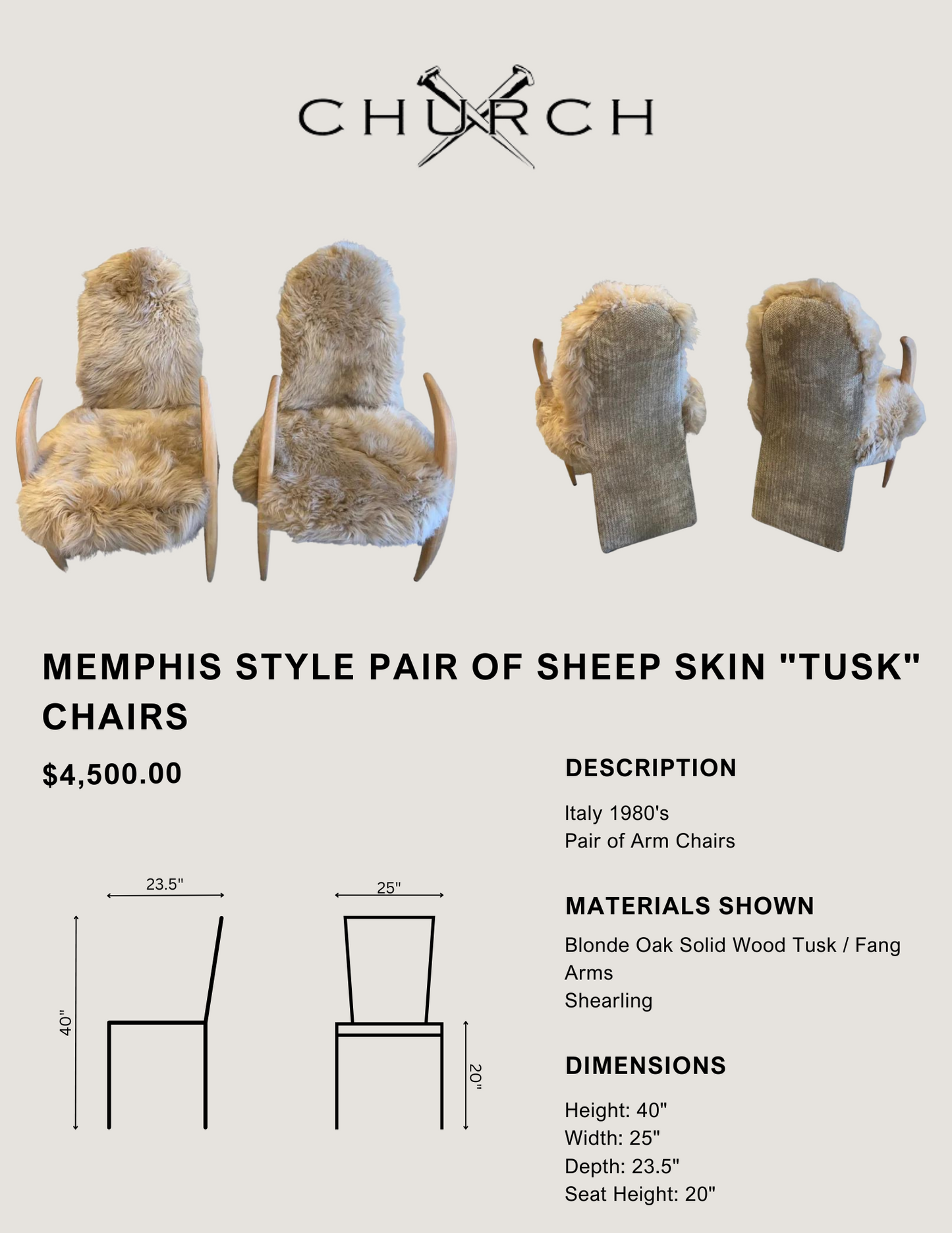 Memphis Style Pair of Sheep Skin "Tusk" Chairs