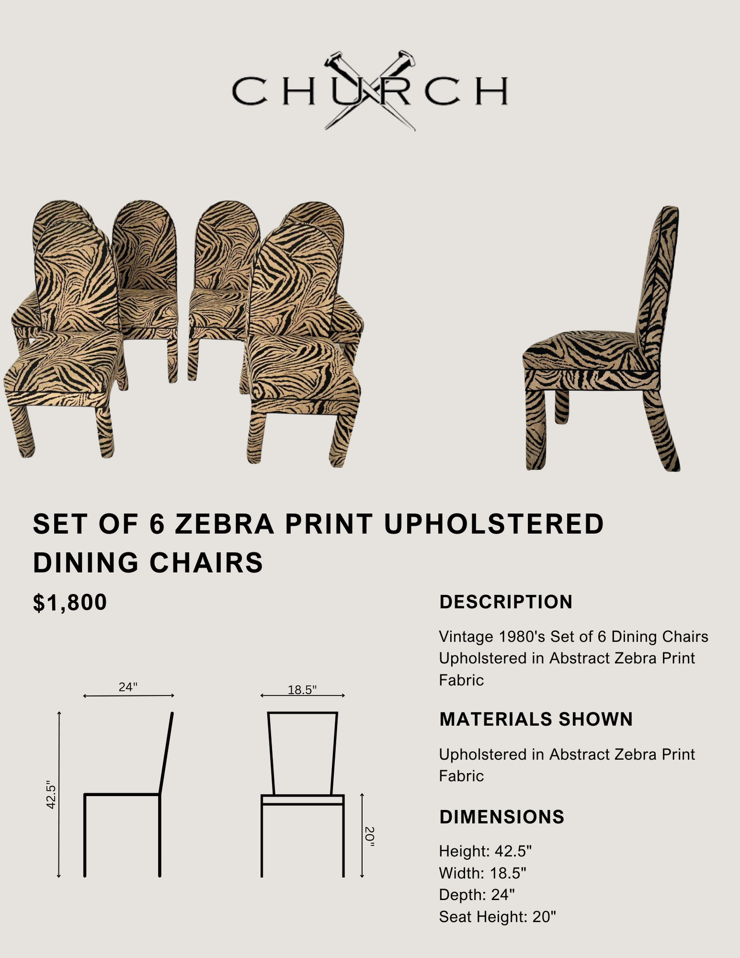 Set of 6 Zebra Print Upholstered Dining Chairs