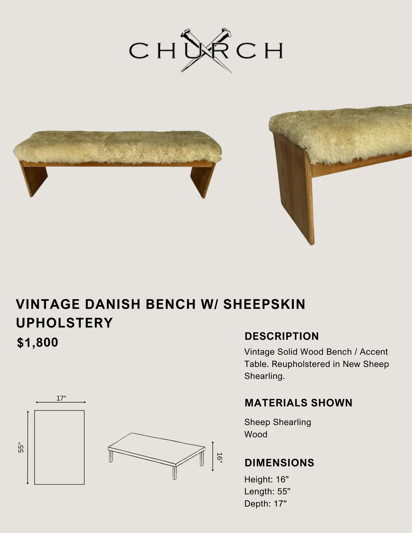 Vintage Danish Bench w/ Sheepskin Upholstery