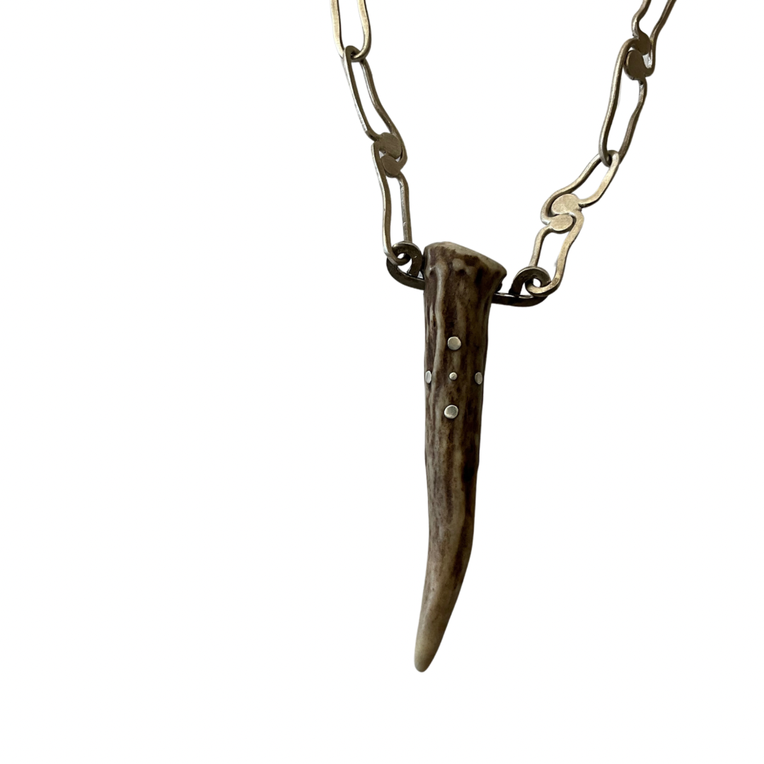 Deer Antler with Opal Silver Link Necklace