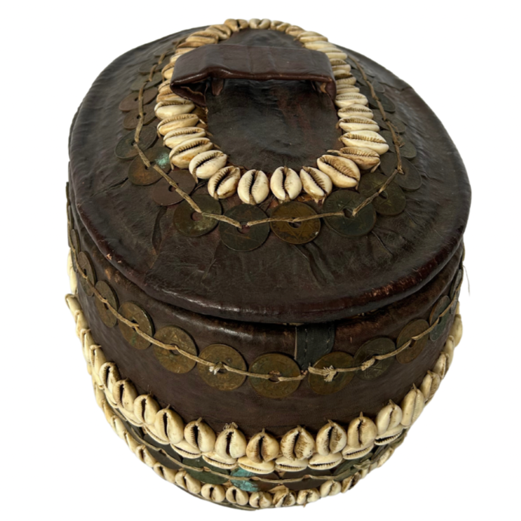 Nigerian Leather & Cowrie Shell Basket