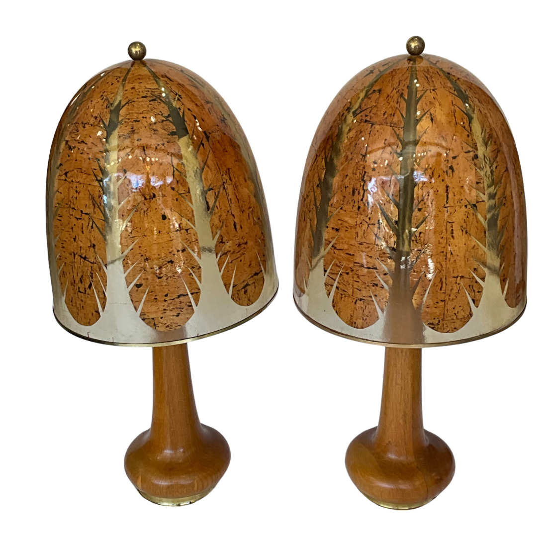 Pair of Tobacco Leaf Wood Brass & Resin Lamps