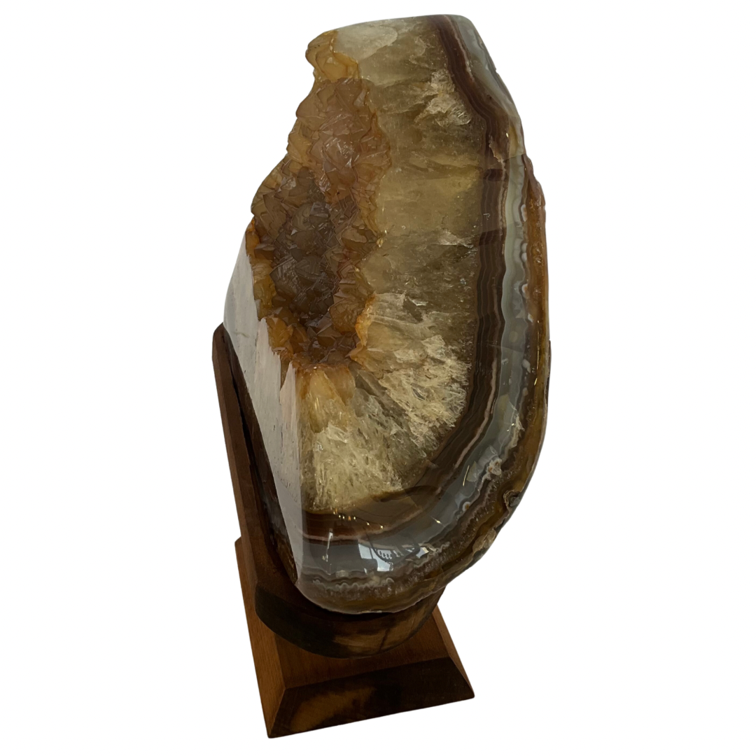 Quartz Crystal with Agate on Wood Stand