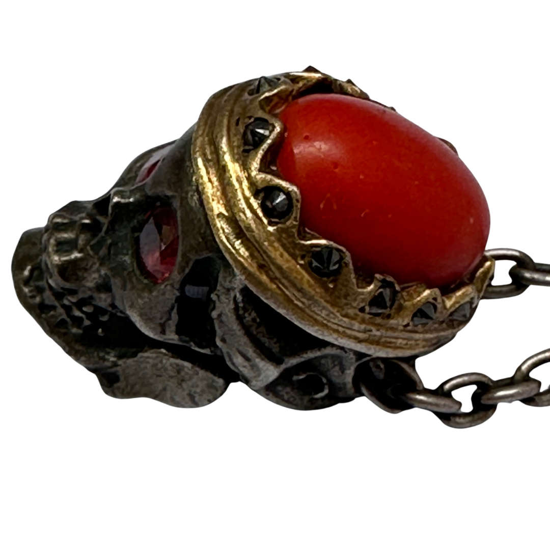 Skull Necklace with Coral Orange Sapphire & Diamonds