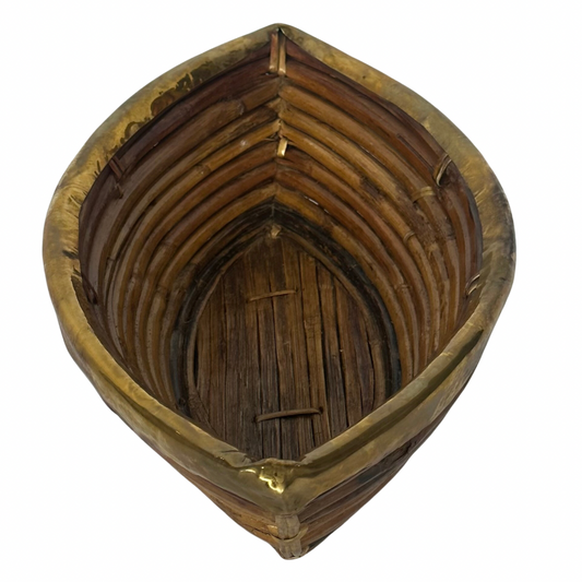 Hand Crafted Rattan Boat Bowl with Brass Trim