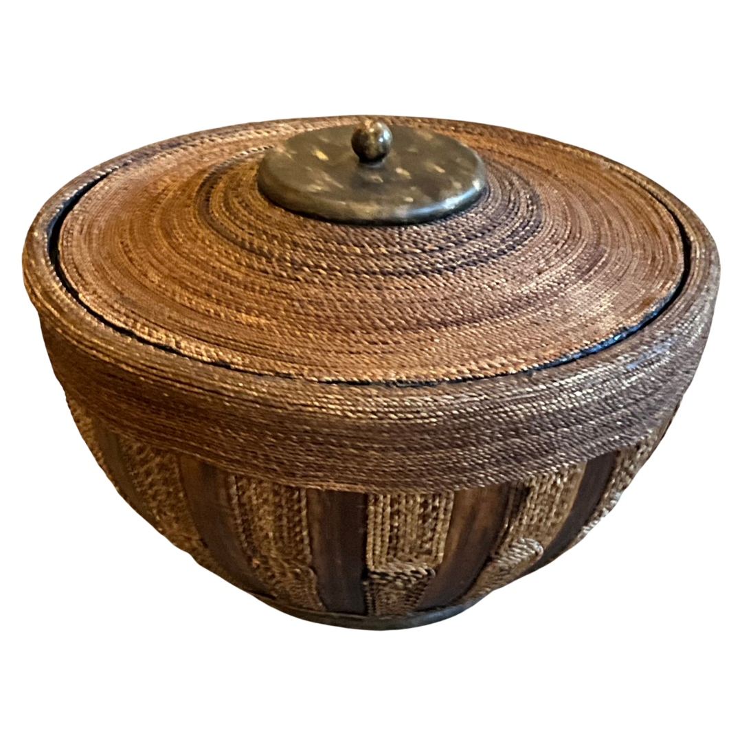 Natural Woven Fiber & Wood Container with Lid