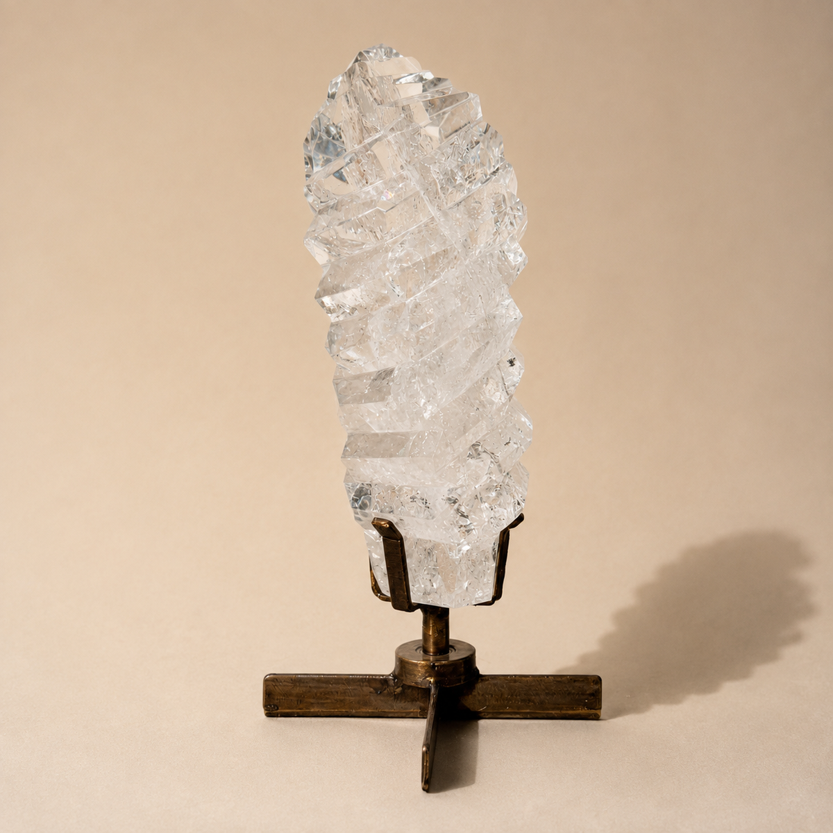 Polished Clear Quartz Crystal w/ grooves on Spinning Stand