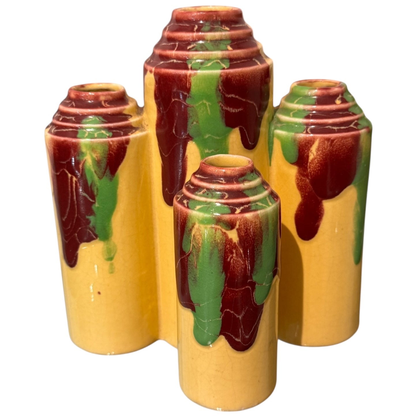 Pair of Art Deco Drip Vases Yellow and Green Bases with Multi Colors