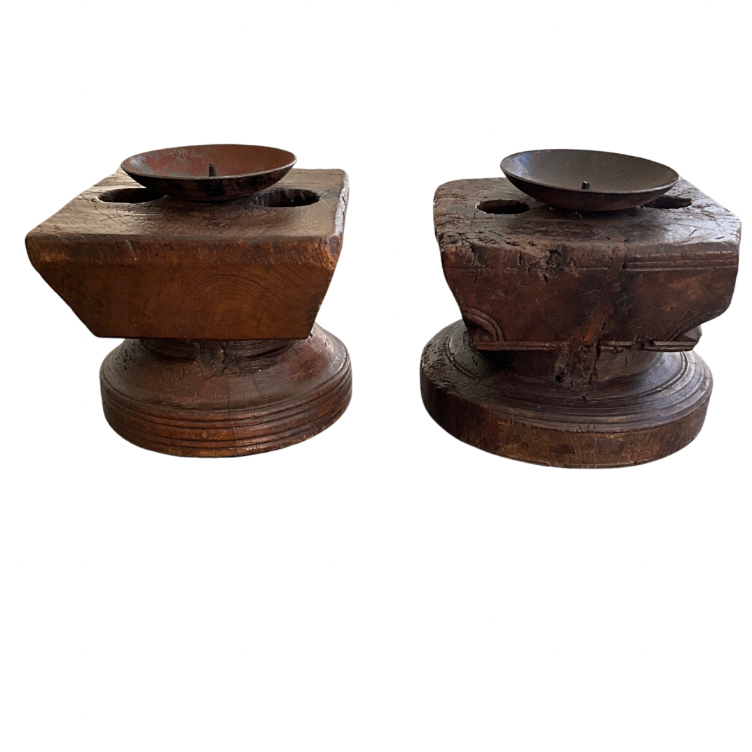 Pair of Rustic Wood & Metal Candle Holders