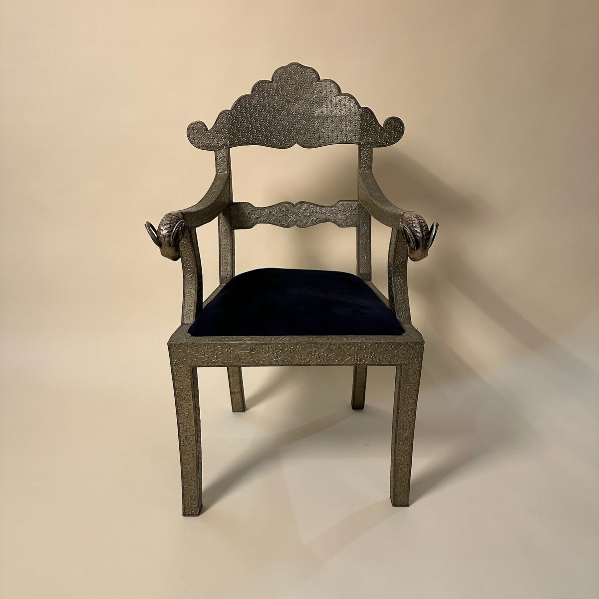 1960s Moroccan Vintage Hammered Metal Over Wood Chair