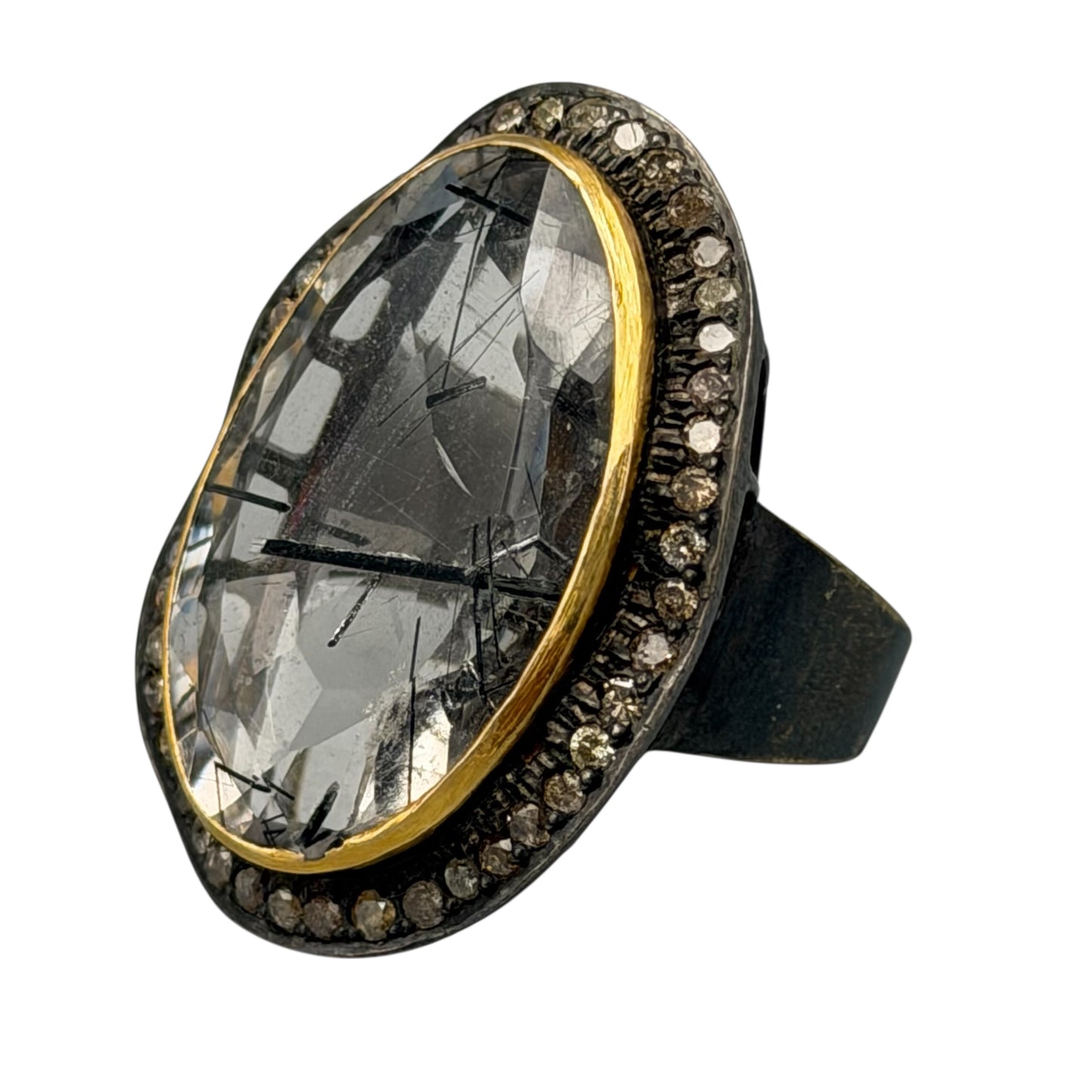 Clear Rutilated Quartz Ring with Diamonds