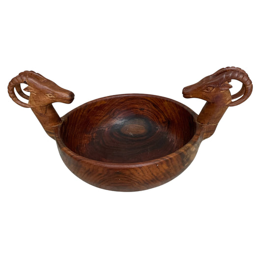 Carved Wood Display Bowl with 2 Ram Heads Accent
