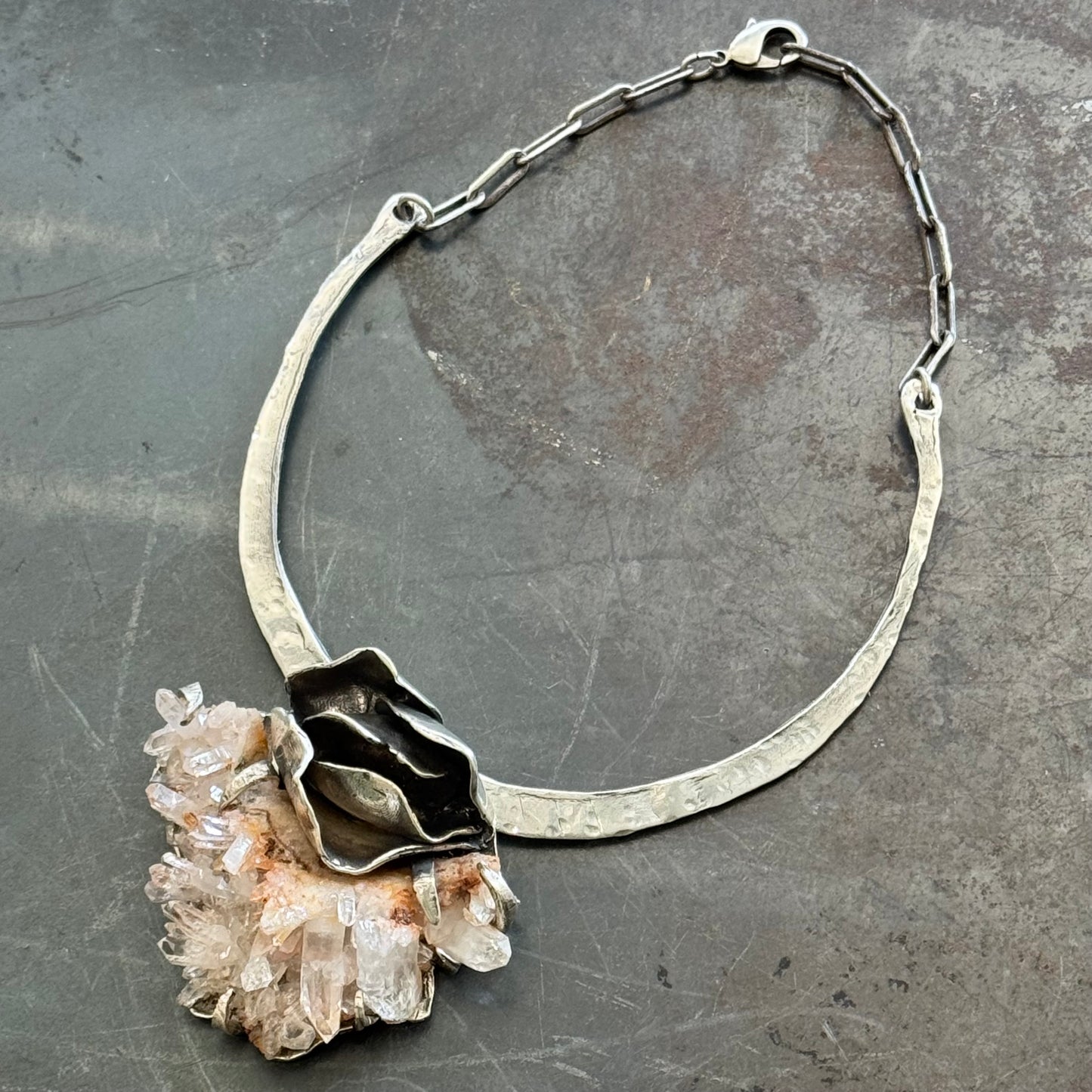 Hammered Silver Pink Quartz Crystal Generator Rose Bud Antique Sterling Silver Choker