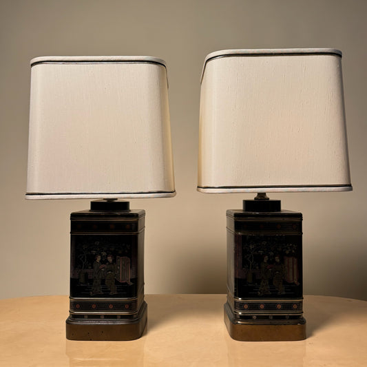 Asian Motif Pair of Frederick Cooper Metal Table Lamps
