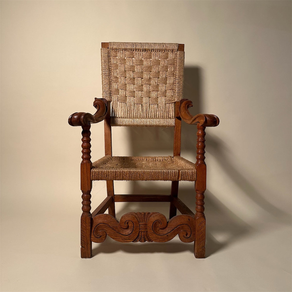 Pair of Carved Wooden and Woven Rope Armchairs