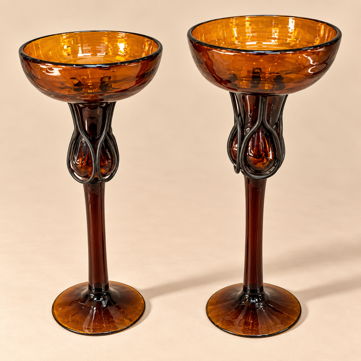Hand Blown Amber Glass Candle Holders