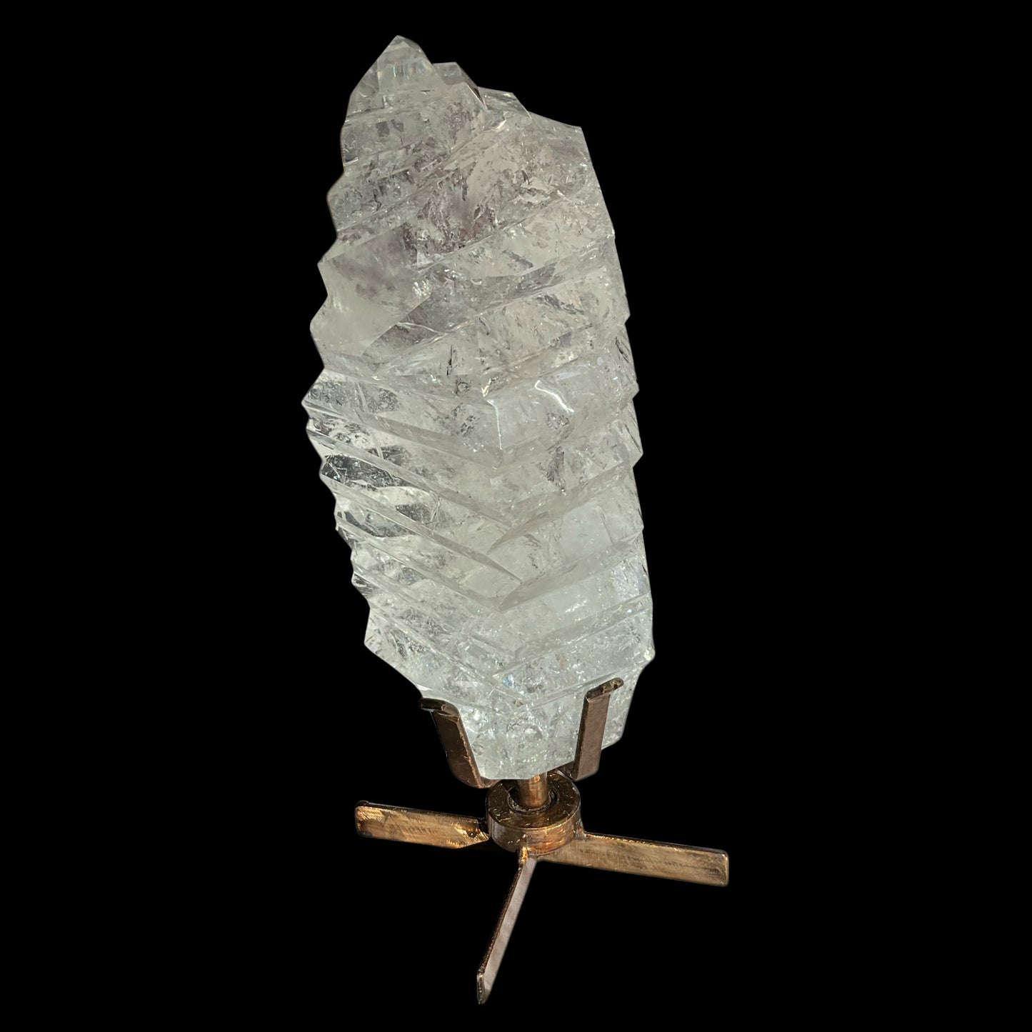 Polished Clear Quartz Crystal w/ grooves on Spinning Stand