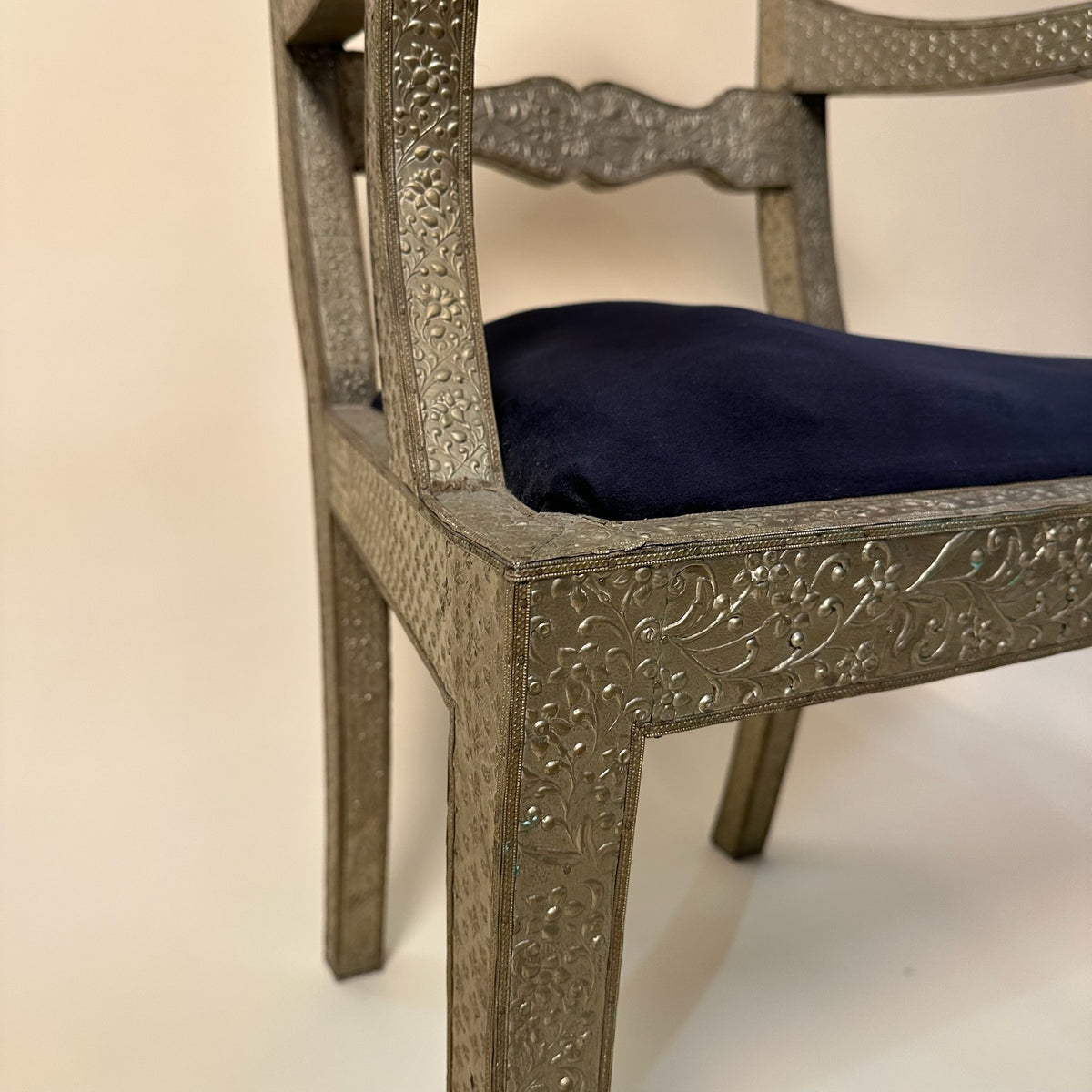 1960s Moroccan Vintage Hammered Metal Over Wood Chair
