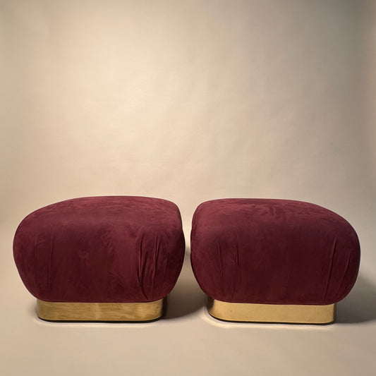 Pair of Vintage Karl Springer Souffle Ottomans with Brass