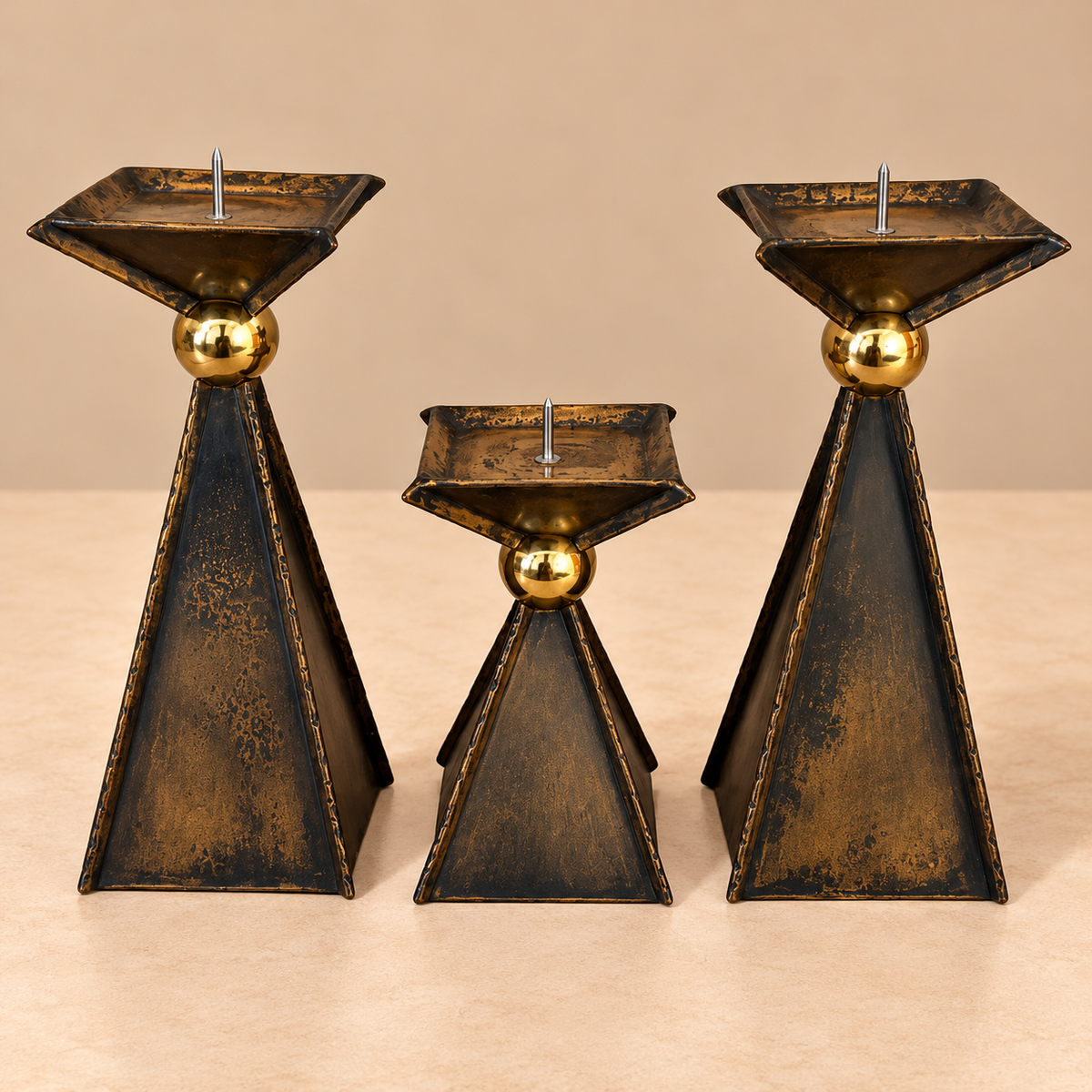 Set of 3 Brass Pyramid Candle Holders w/Brass Ball