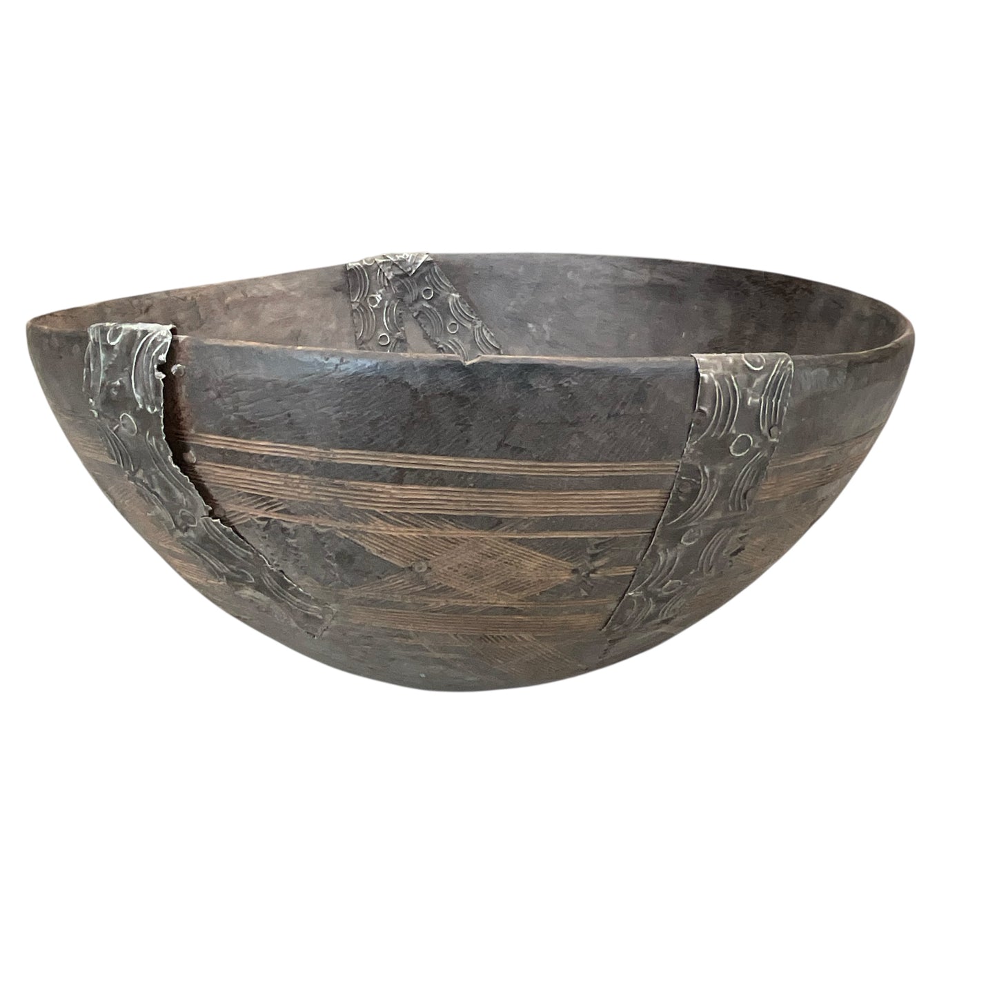 African Wood Large Bowl with Metal Accents