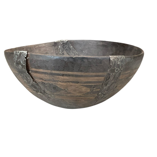 African Wood Large Bowl with Metal Accents