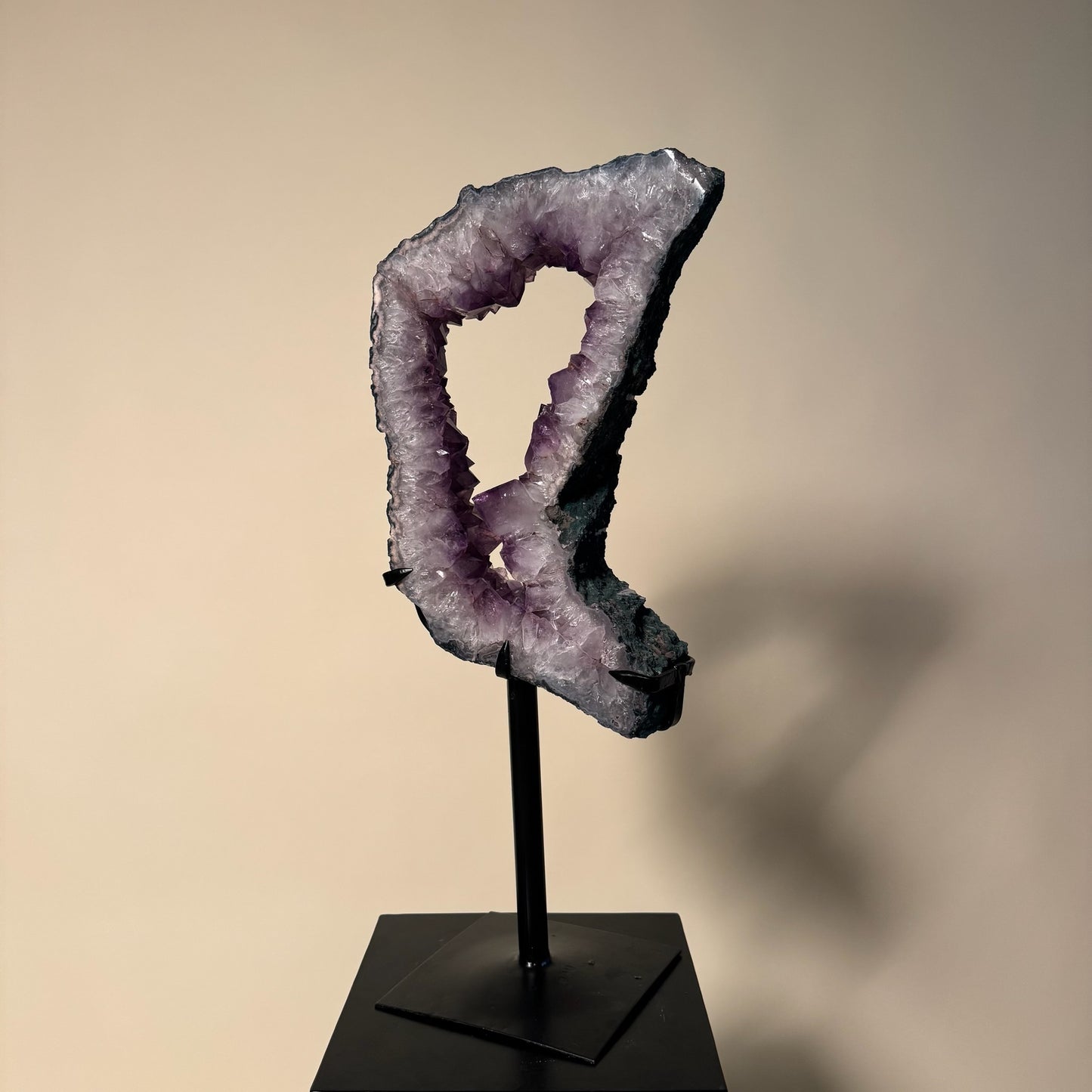 Cut-Out Amethyst Crystal Geode on Metal Stand