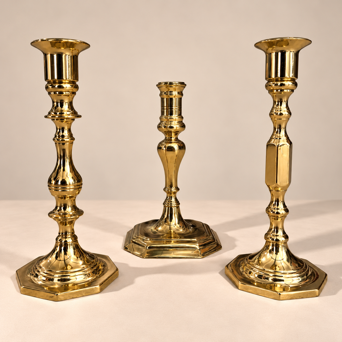 Set of 3 Varying Vintage Brass Candle Holders
