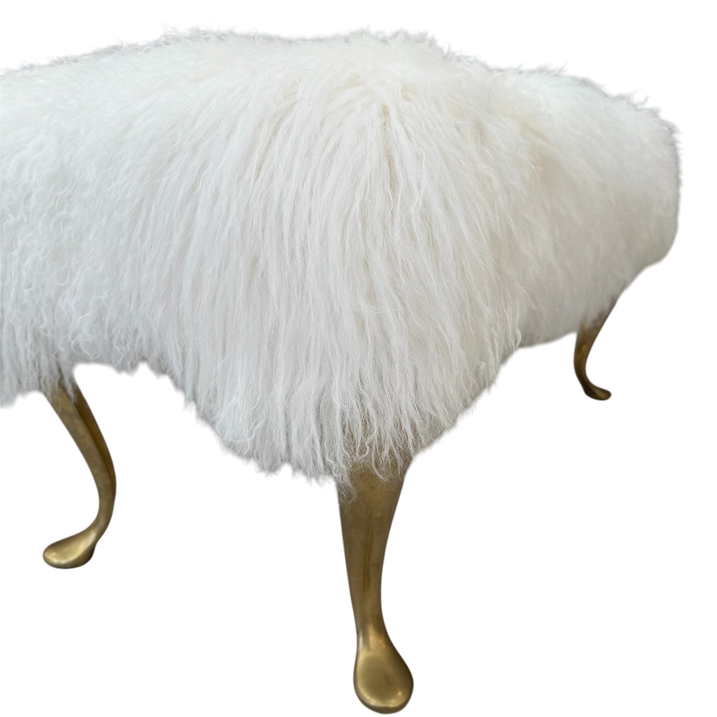 White Mongolian Fur Bench with Brass Legs