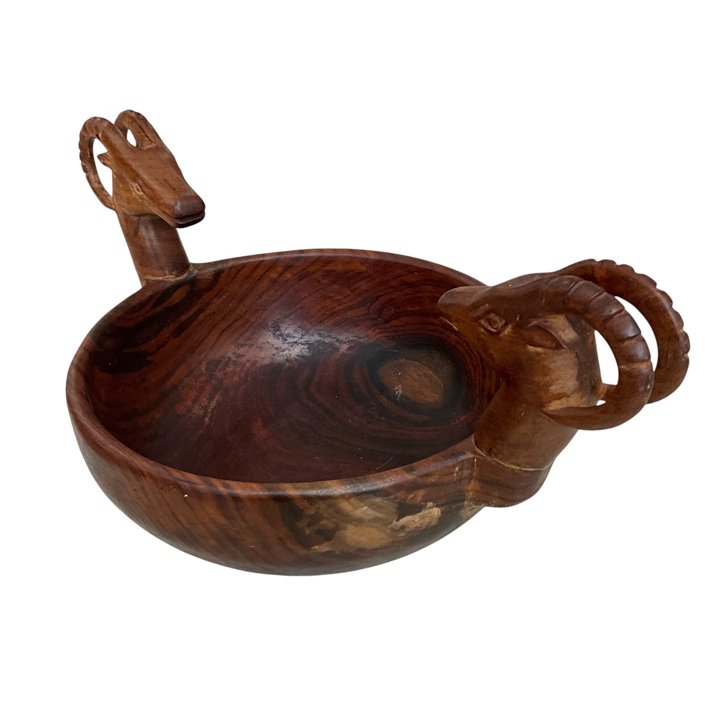Vintage Carved Wood Double Ram Display Bowl