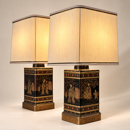 Asian Motif Pair of Frederick Cooper Metal Table Lamps
