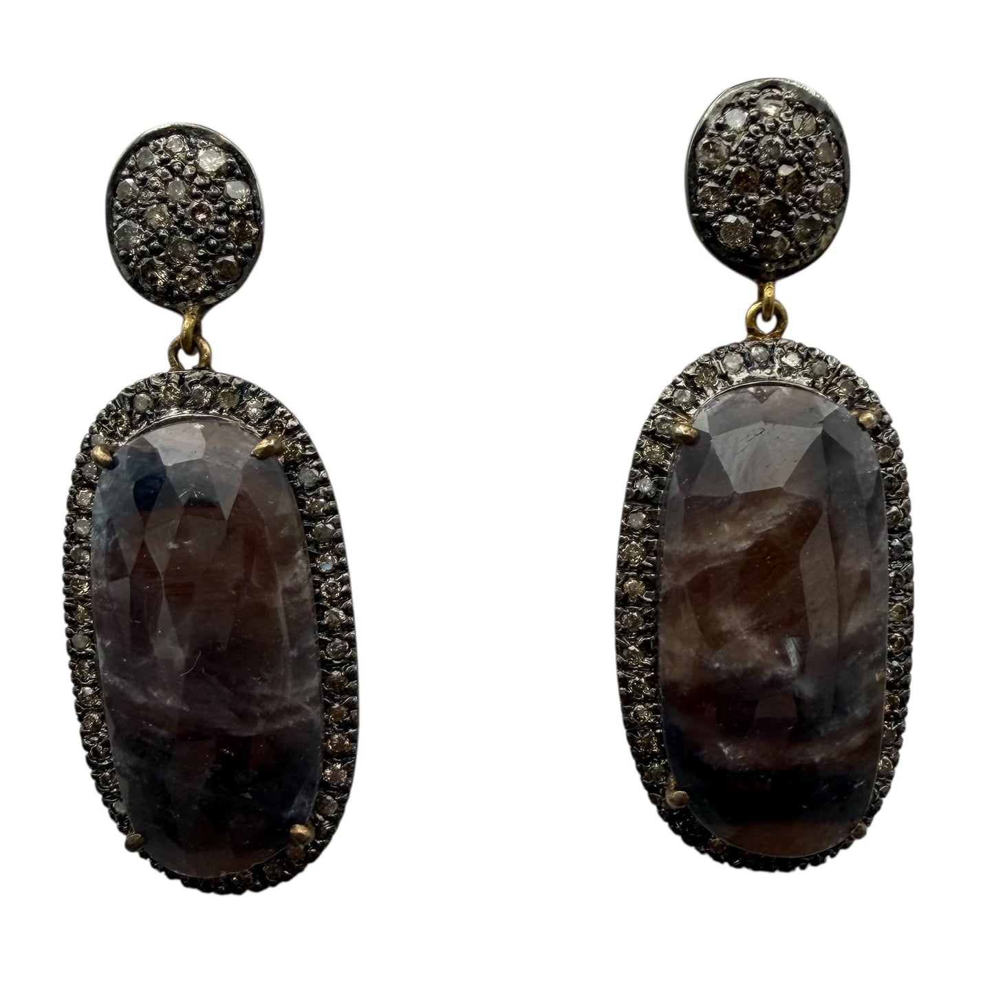 Faceted Oblong Sapphire & Diamond Earrings