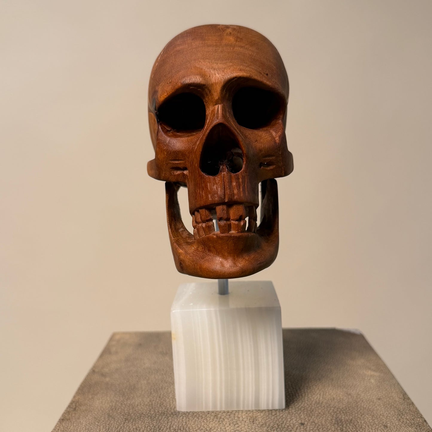 Carved Wood Momento Mori Skull on Onyx Base