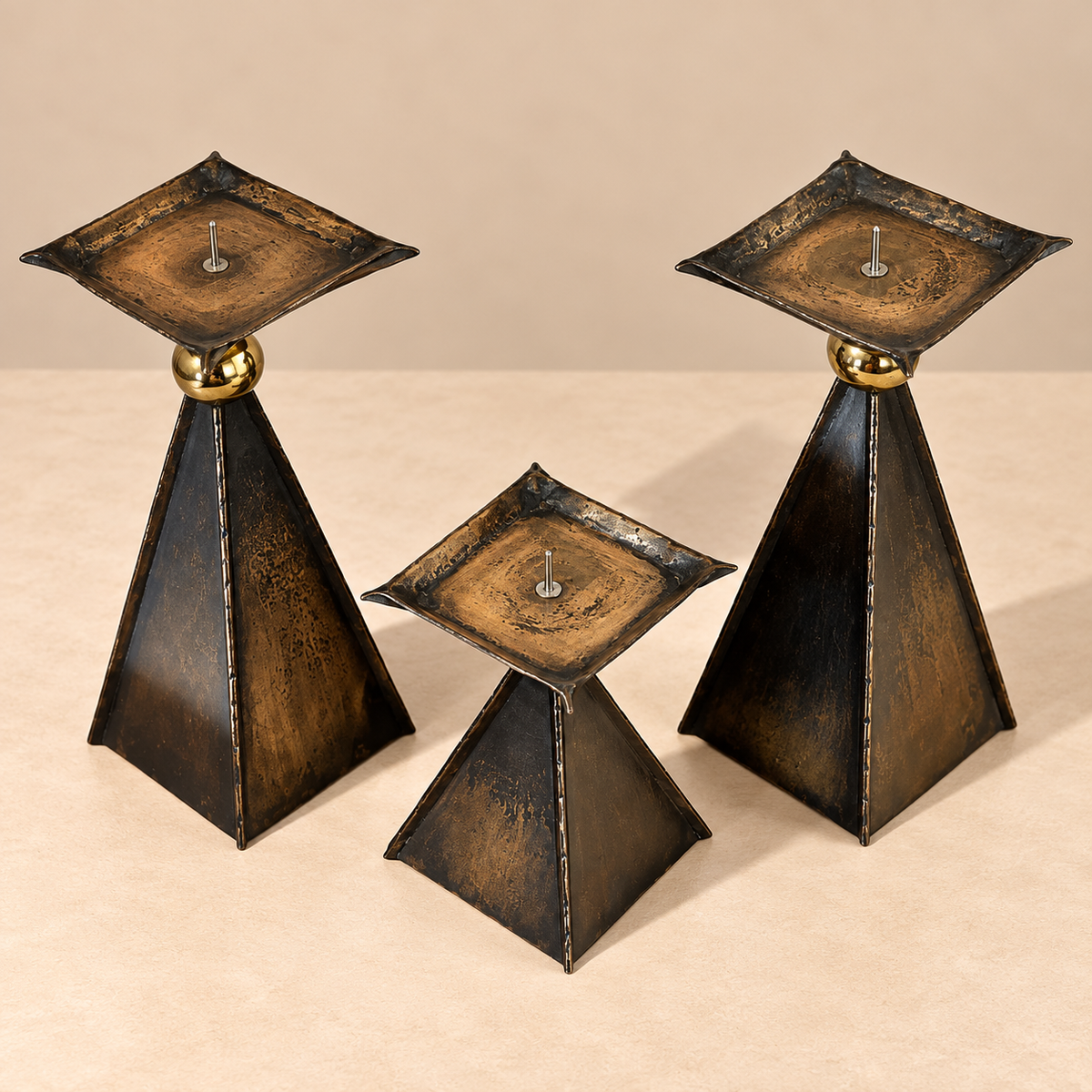 Set of 3 Brass Pyramid Candle Holders w/Brass Ball